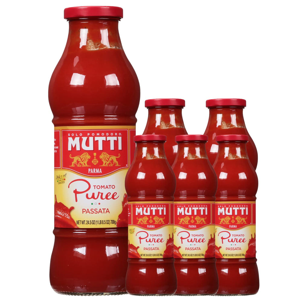 Mutti passata front bottle showing label and bright red color for authentic Italian flavor
