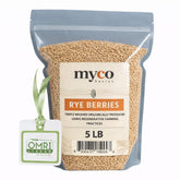 Mycology Basics front bag view showing clean 5 lb rye berries and resealable benefit