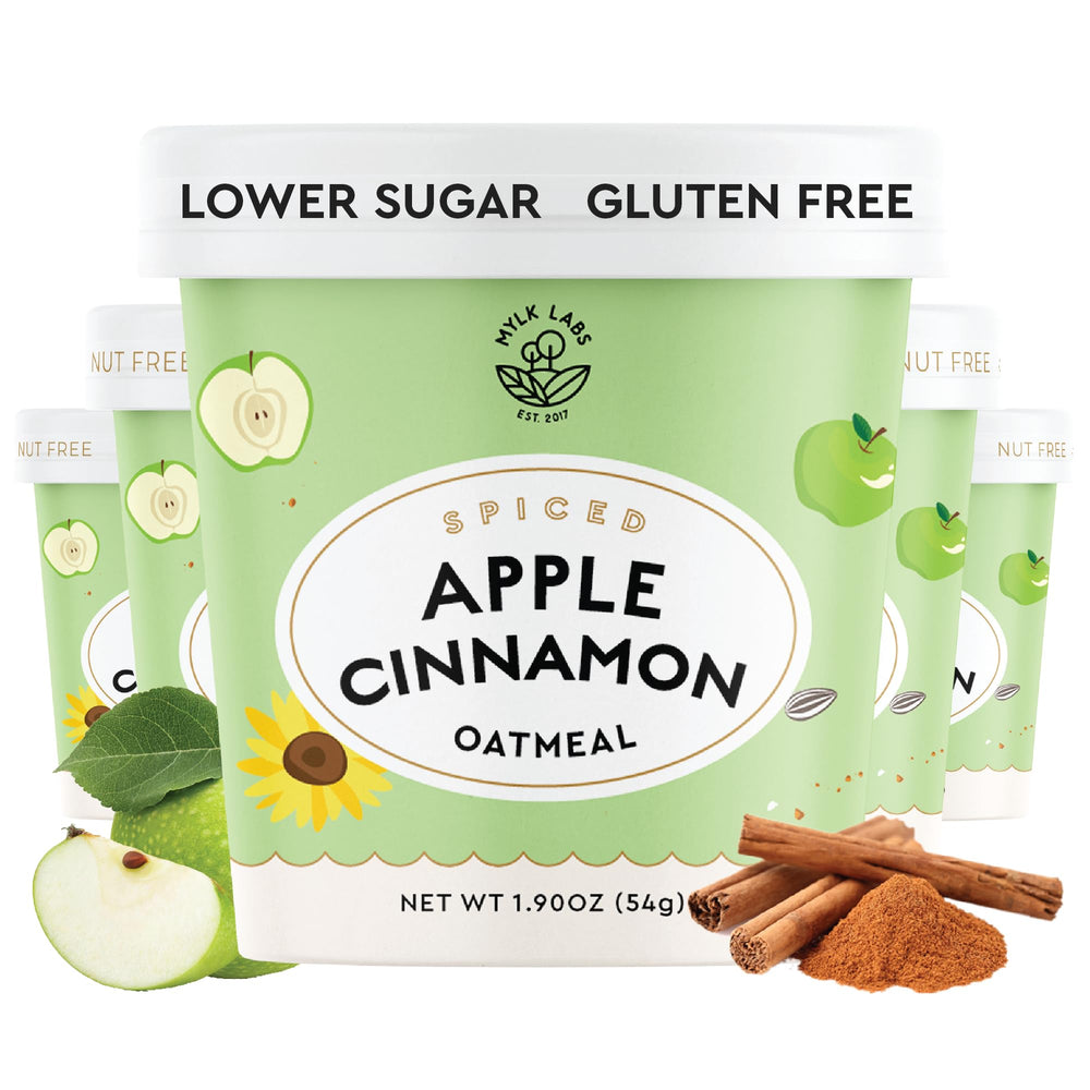 MYLK LABS front packaging showing apple cinnamon cups and convenience