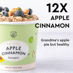 Mylk Labs opened apple cinnamon oatmeal cup top view, showing visible apple pieces and spices