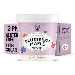 MYLK LABS front packaging showing blueberry maple cups and benefits