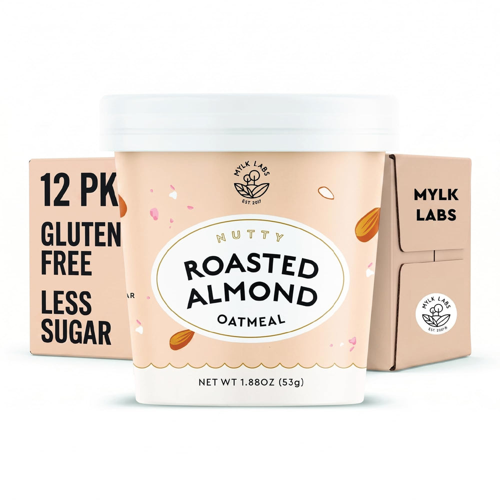 MYLK LABS front packaging showing roasted almond oatmeal cups and convenience