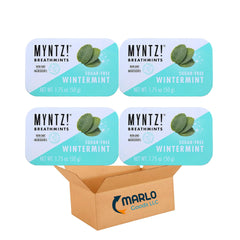 Myntz tin front view showing label and easy-carry benefit