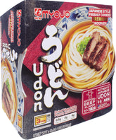 明星 myojo front packaging showing beef udon bowl and microwaveable container benefit quick meals