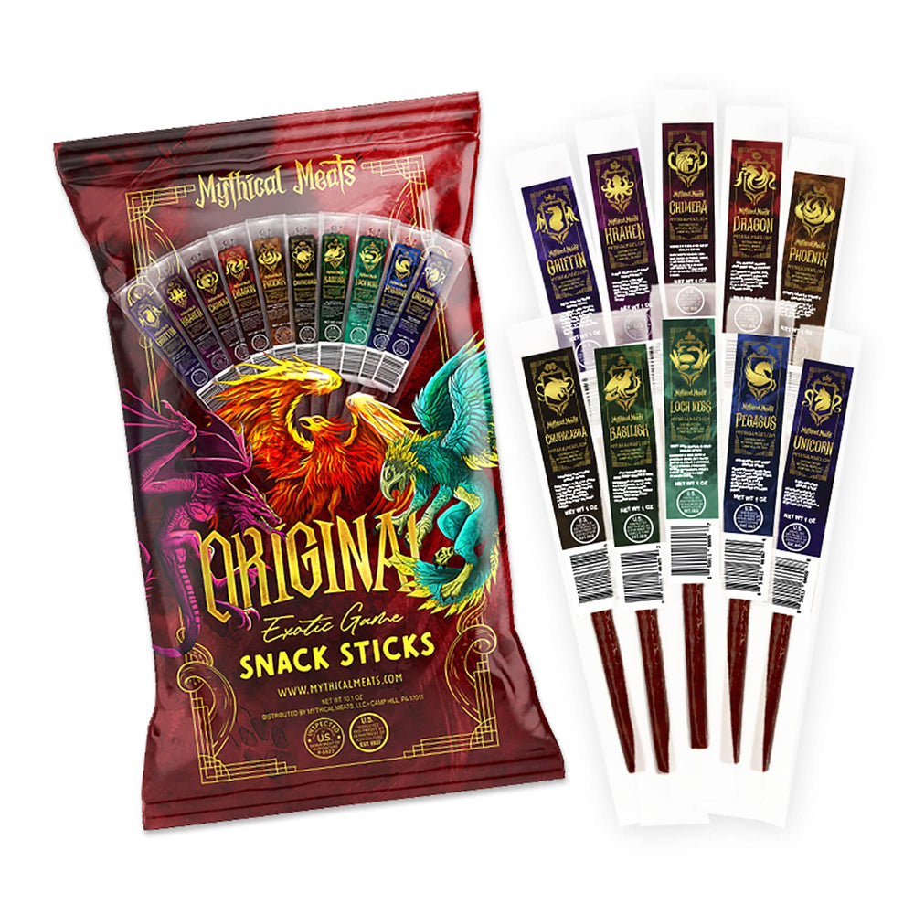 Mythical Meats front packaging showing ten exotic sticks and variety benefit