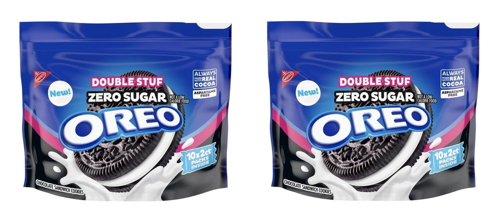 Nabisco Oreo front packaging showing two 10.3 oz zero sugar double stuf packs and serving suggestion