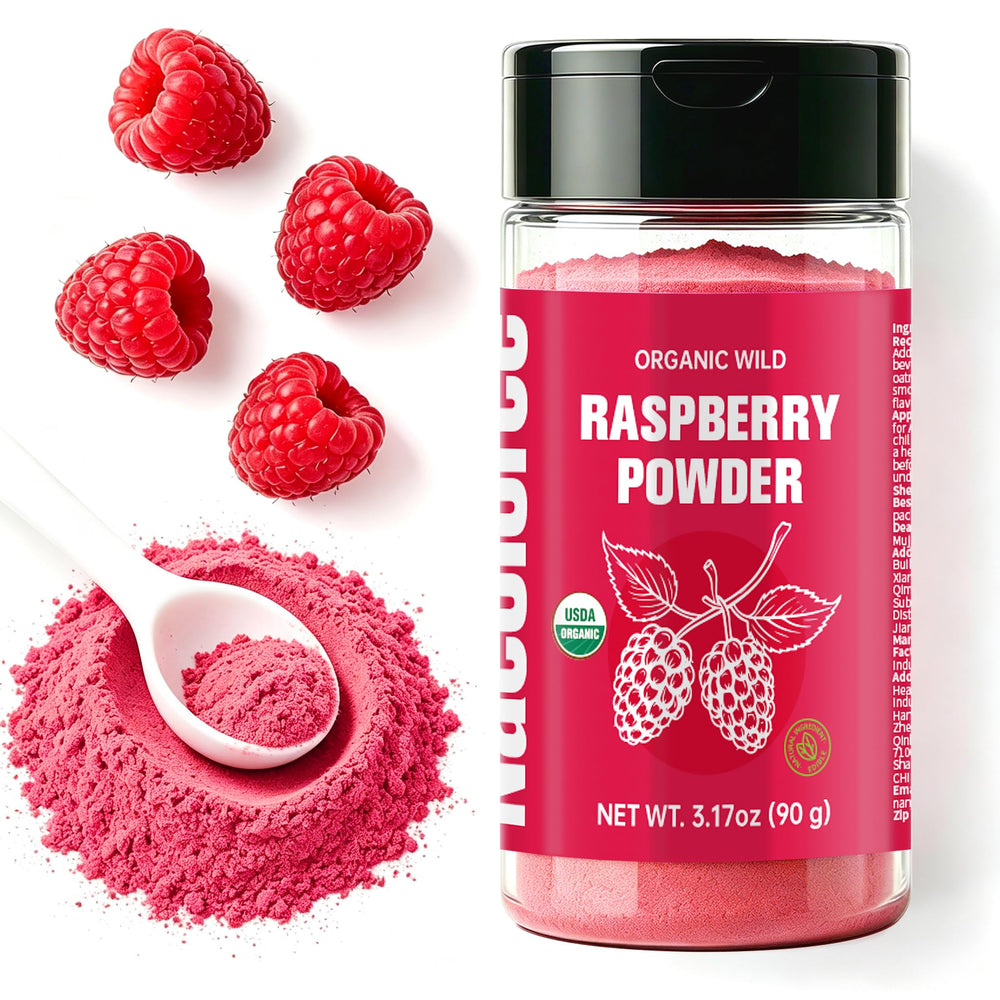 Nacolorce front packaging shows jar and raspberries for clear product identification