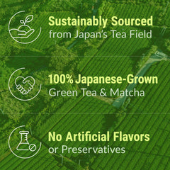 NAKANE TEA INC. loose green tea leaves and matcha powder illustrating blended ingredients