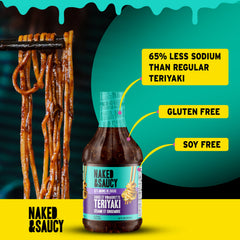 Label detail on Naked & Saucy bottle showing coconut aminos and clean ingredients