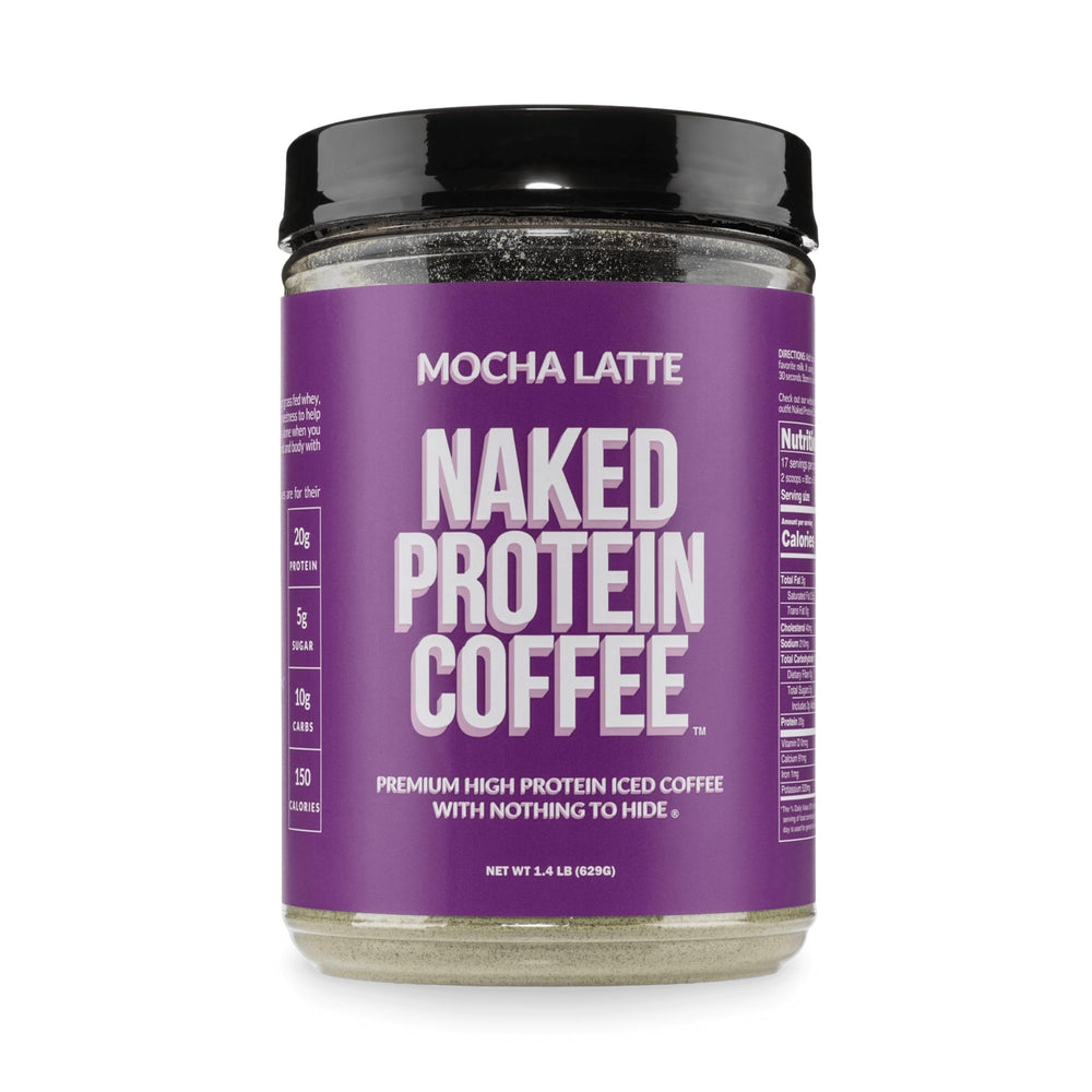 NAKED mocha latte front canister showing product branding and servings benefit