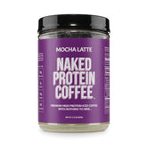 NAKED mocha latte front canister showing product branding and servings benefit