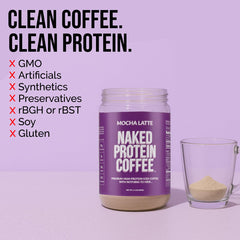 NAKED mocha latte powder texture closeup highlighting real coffee and smooth mixability
