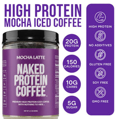 NAKED scoop of protein powder above jar showing convenient portioning and easy mixing