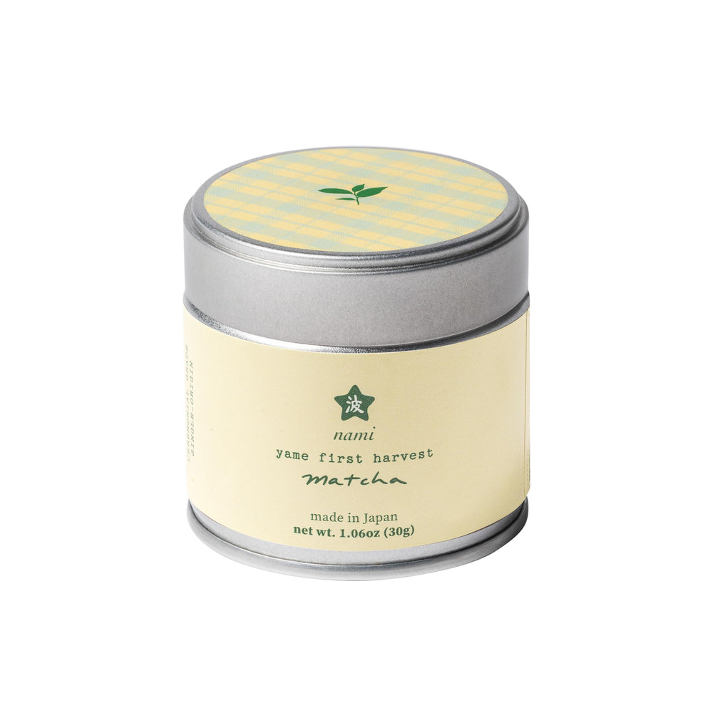 Nami Matcha front tin showing label and resealable lid for freshness