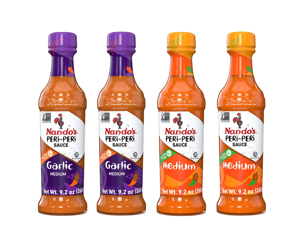 Nando's PERi-PERi front packaging showing four-bottle gift-ready set and clear branding benefit