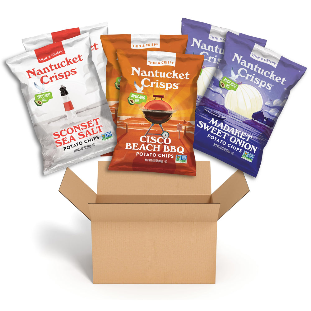 Nantucket Crisps front packaging showing trial 6-pack convenience and island inspiration