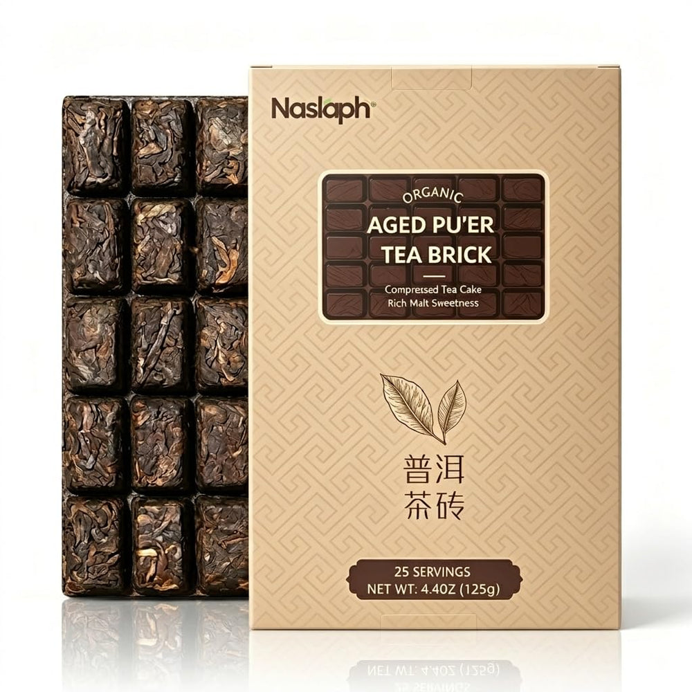 NASLAPH front packaging showing compact puerh cubes and organic label benefits