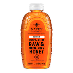 Nate's Honey front packaging shows 32 oz bottle and clean, pure presentation for convenience