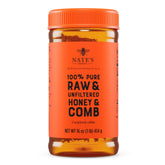 Nate's Honey front jar view showing label and clear honeycomb, highlights natural purity