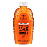 Nate's Honey front packaging showing 32 oz squeeze bottle and clear label benefits
