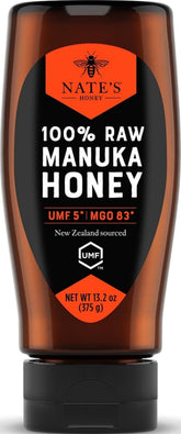 Nate's Manuka front label showing UMF 5+ and MGO 83+ for quality