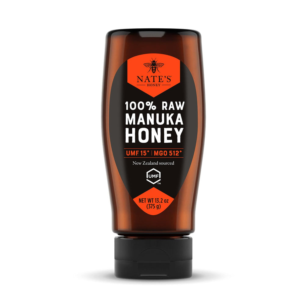 Nate's Honey front packaging showing UMF 15+ and MGO 512 benefit of authenticity