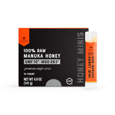 Nate's Honey front packaging showing 10-count Manuka Minis and travel convenience