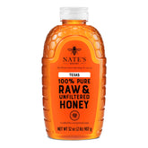 Nate's Honey front packaging showing 32 oz squeeze bottle and branding benefits