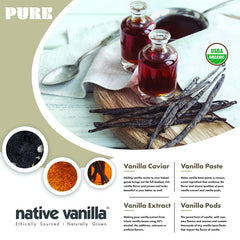 Native Vanilla close-up showing dark seeds inside pod for intense natural flavor
