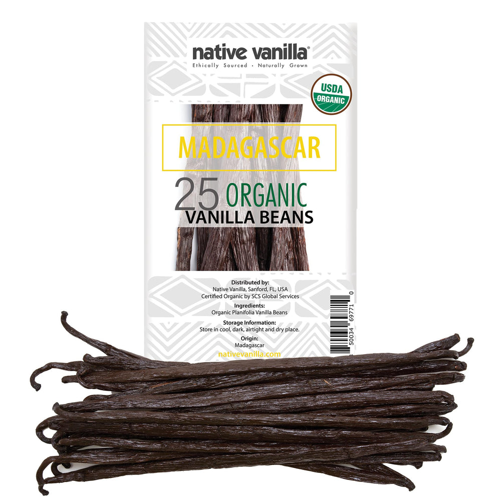Native Vanilla front packaging displaying 25 organic Madagascar beans and premium quality