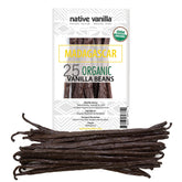 Native Vanilla front packaging displaying 25 organic Madagascar beans and premium quality