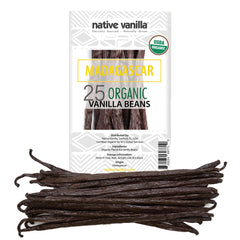 Native Vanilla front packaging displaying 25 organic Madagascar beans and premium quality