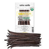 Native Vanilla front packaging showing 50 Madagascar bourbon vanilla beans for consistent flavor