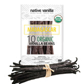 Native Vanilla front packaging showing ten organic Madagascar vanilla beans and benefits
