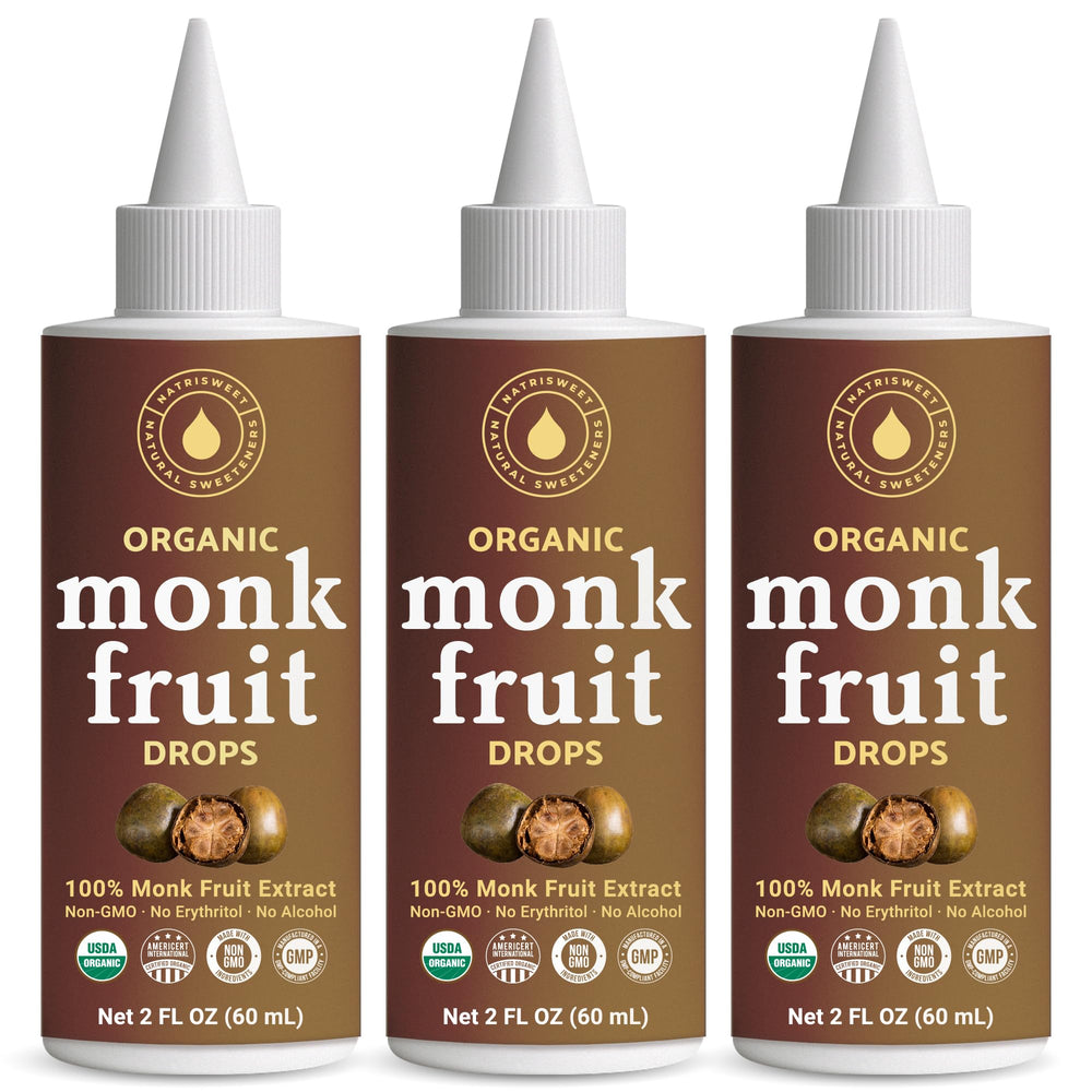 NatriSweet front packaging showing three 2 fl oz dropper bottles and label benefits
