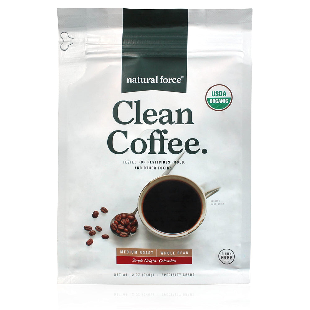 Natural Force front packaging 12oz medium roast showing organic label and benefit