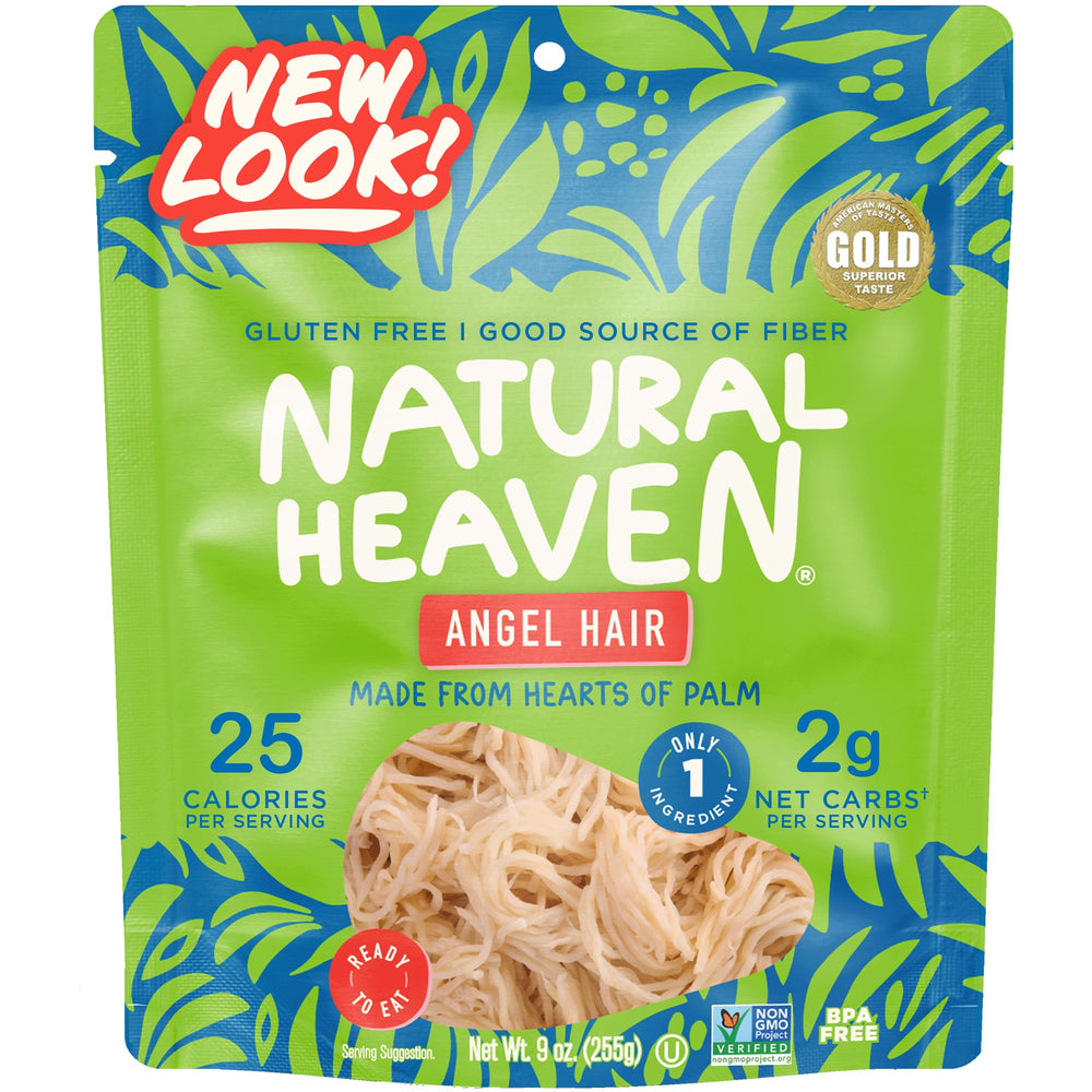 Natural Heaven front packaging showing angel hair hearts of palm and quick prep benefit