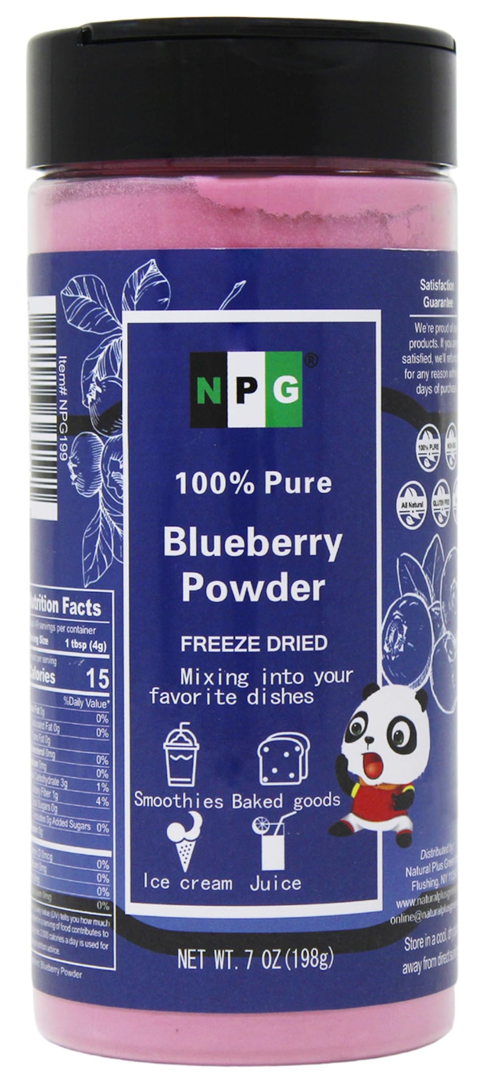 Natural Plus Green front packaging showing NPG blueberry powder and clear shaker for convenience