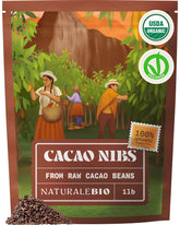 NaturaleBio front packaging showing organic cacao nibs and label benefit
