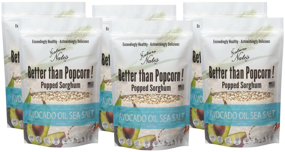 Nature Nate's front pouch showing popped sorghum, crunchy snack and clean ingredients