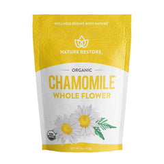 Nature Restore front packaging showing whole chamomile flowers and product weight benefits aroma