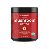 NatureBell front packaging 12 oz bag showing organic mushroom coffee benefits