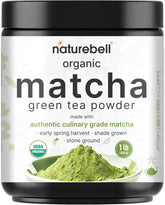 NatureBell matcha front packaging showing 1 lb bag and vivid green powder benefit: long-lasting supply