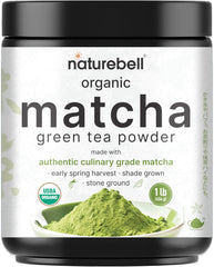 NatureBell matcha front packaging showing 1 lb bag and vivid green powder benefit: long-lasting supply