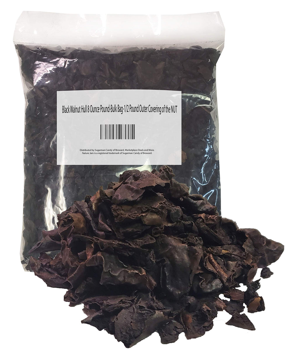 Naturejam black walnut hulls front bag view showing bulk 8 oz, useful for dyeing