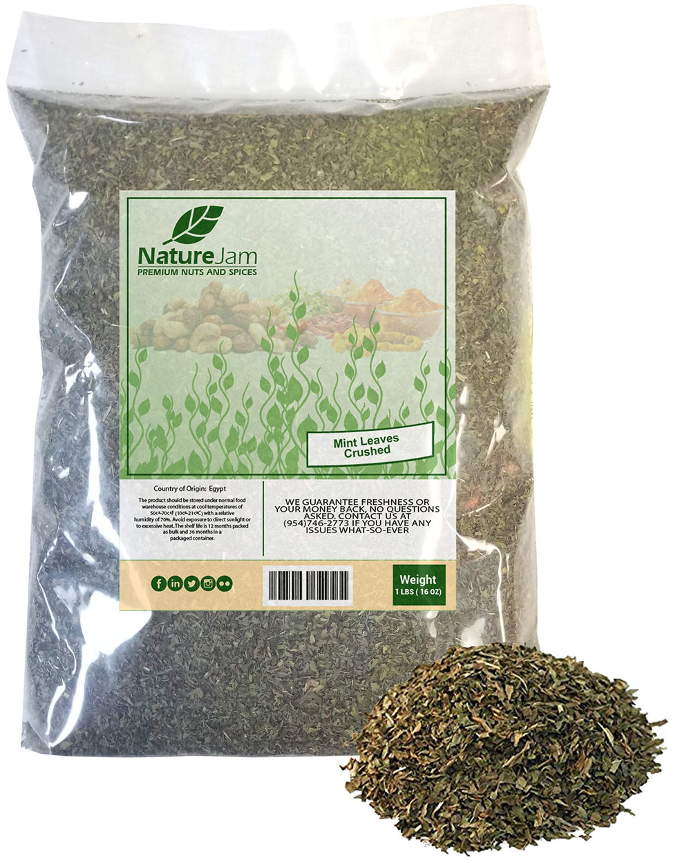 NatureJam front packaging of 1 lb crushed mint showing label and resealable bag for long freshness