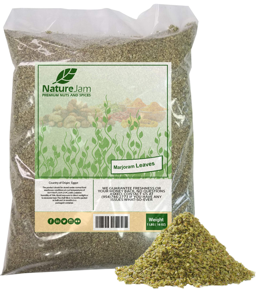 Naturejam marjoram front packaging showing bulk bag and freshness seal for long shelf life