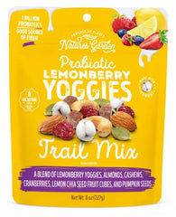 Nature's Garden front pouch showing Lemonberry Yoggies trail mix for tasty portable snacking