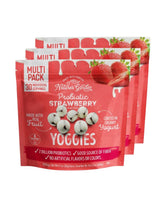 Nature's Garden front pack view showing strawberry Yoggies and clear branding benefits portability