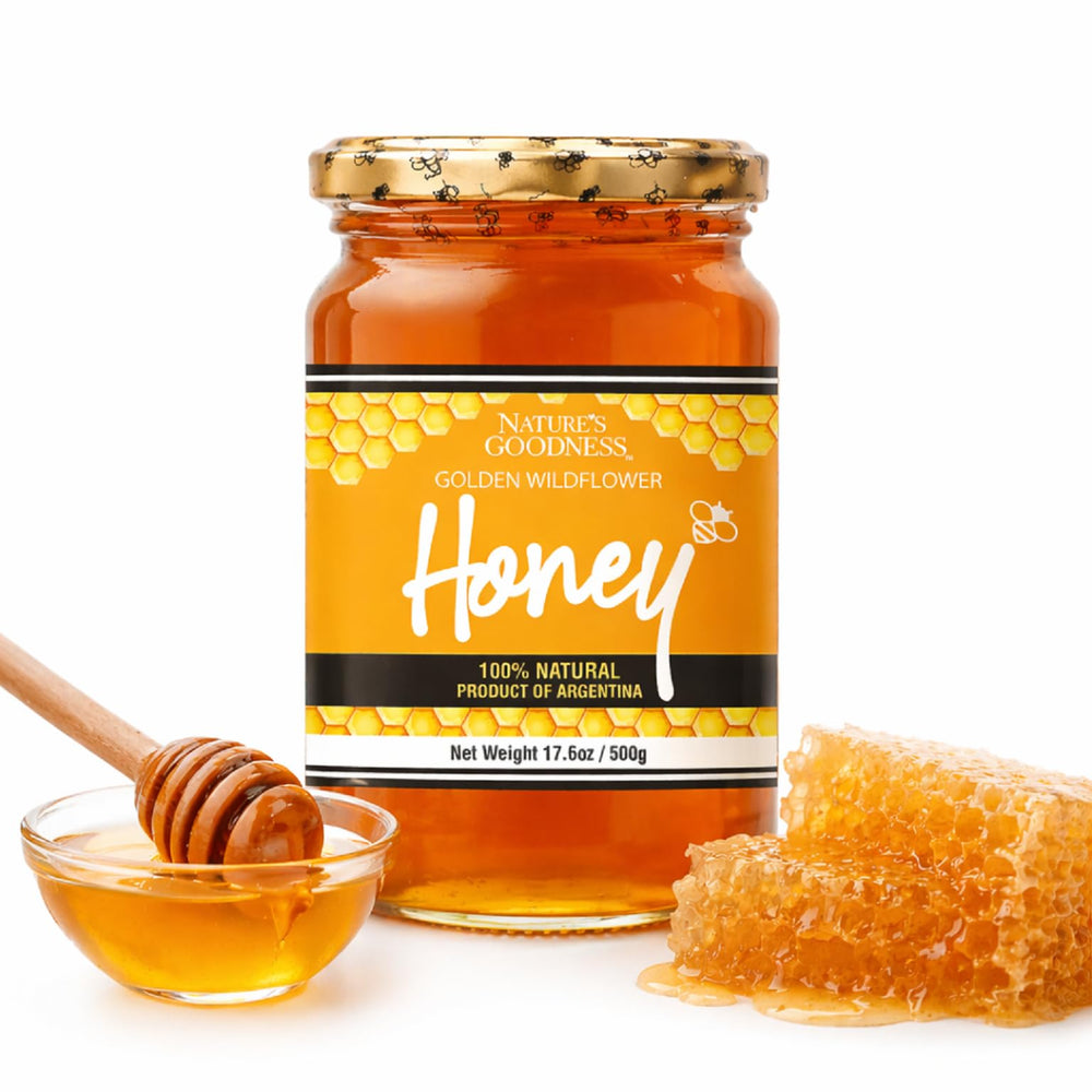 Nature's Goodness front label on glass jar showing golden honey, attractive for gifting